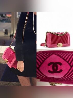 Chanel Boy Flap Bag in pink velvet with chevron quilting and gold-tone hardware.